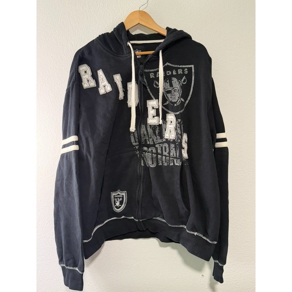 Raiders NFL Full Zip Hoodie Mens XXL 2XL Black Distressed Applique Football